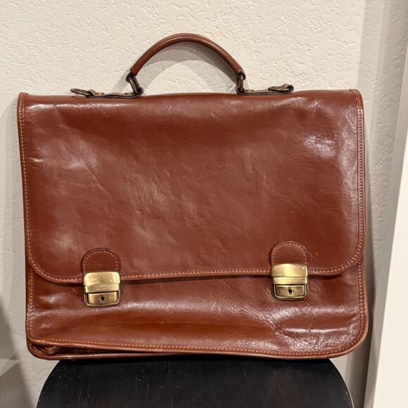 Vera Pelle Brown Italian Leather Briefcase Laptop Messenger Book Bag - Picture 1 of 11